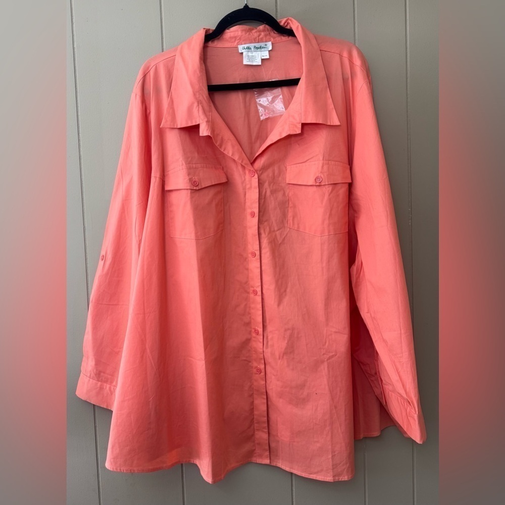 NWOT Ulla Popken Button Down Coral Roll Up Sleeve Shirt Womens Size 36/38